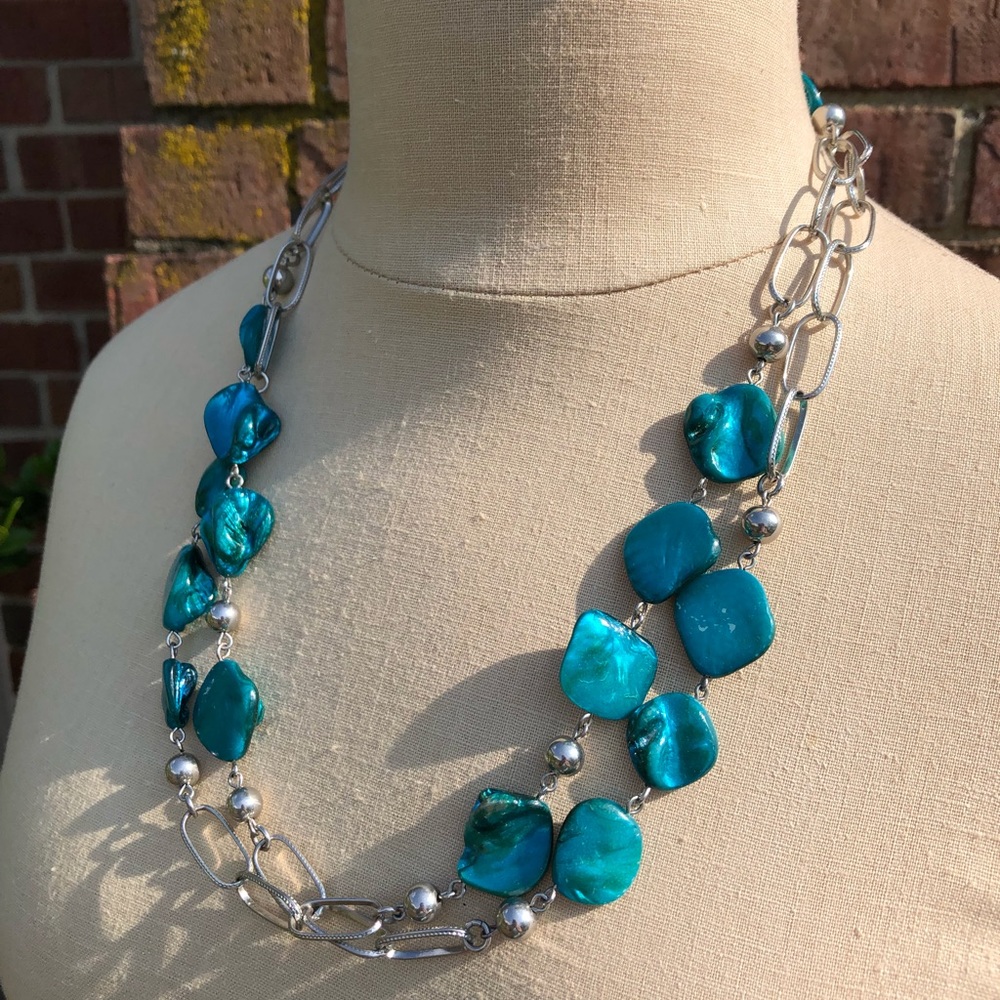 LB Necklace Turquoise Abalone Like Silvertone Wear Short Layers or Long